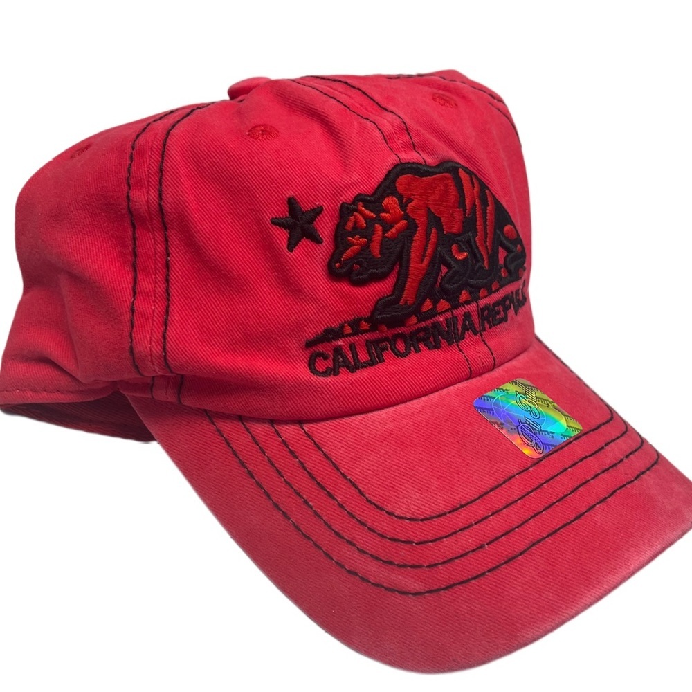California republic red and black vintage distressed embroidered strap back hat